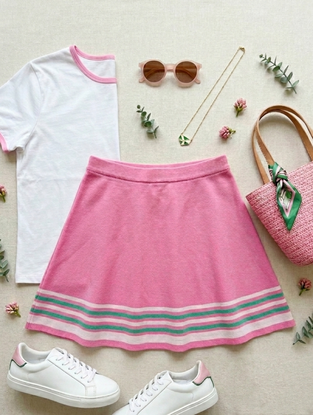 KC Parker by Hartstrings NWT Pink Knit Green and White Striped Girls Skirt 16